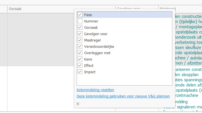 Kolomindeling veranderen V&G Plan