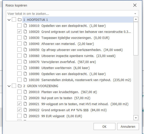 Selectiescherm voor het kopiëren van de risico's