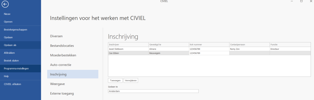 Programma-instellingen inschrijvers Inschrijvers instellen Bakker&Spees